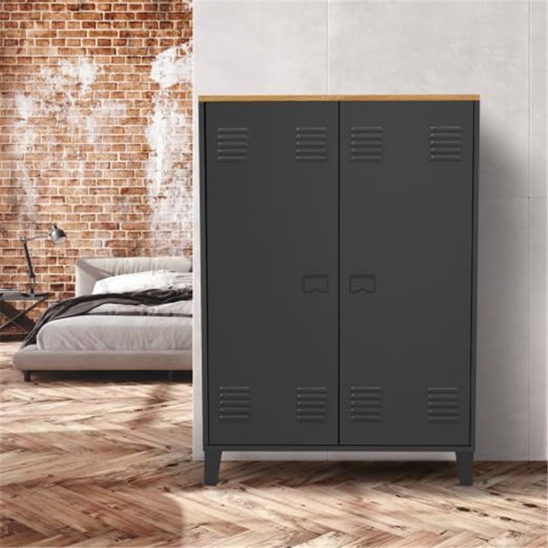 Image secondaire de IDMarket - Armoire basse ESTER 2 portes métal noir et plateau bois design industriel