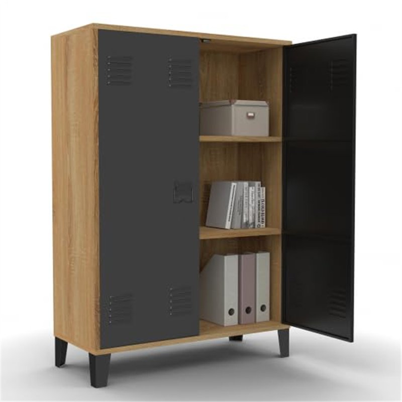 IDMarket - Armoire basse ESTER 2 portes métal noir et contour bois design industriel