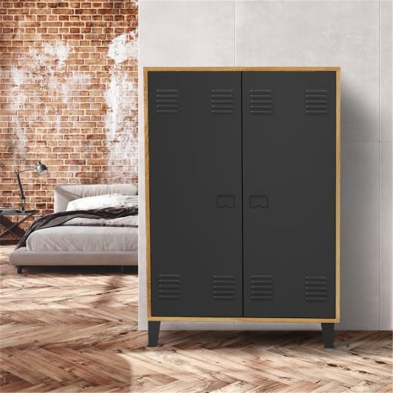 Image secondaire de IDMarket - Armoire basse ESTER 2 portes métal noir et contour bois design industriel