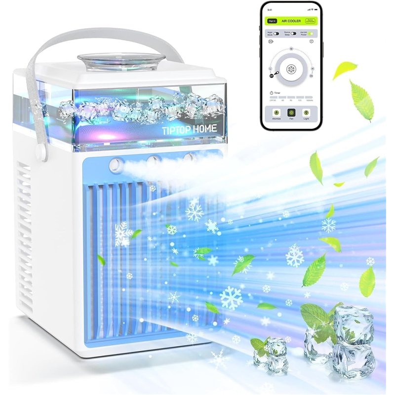 Mini Climatiseur Portable, 4 en 1 Refroidisseur d'air Portable USB Mini Air Climatiseur Ventilateur avec 7 Couleurs LED 3 Modes