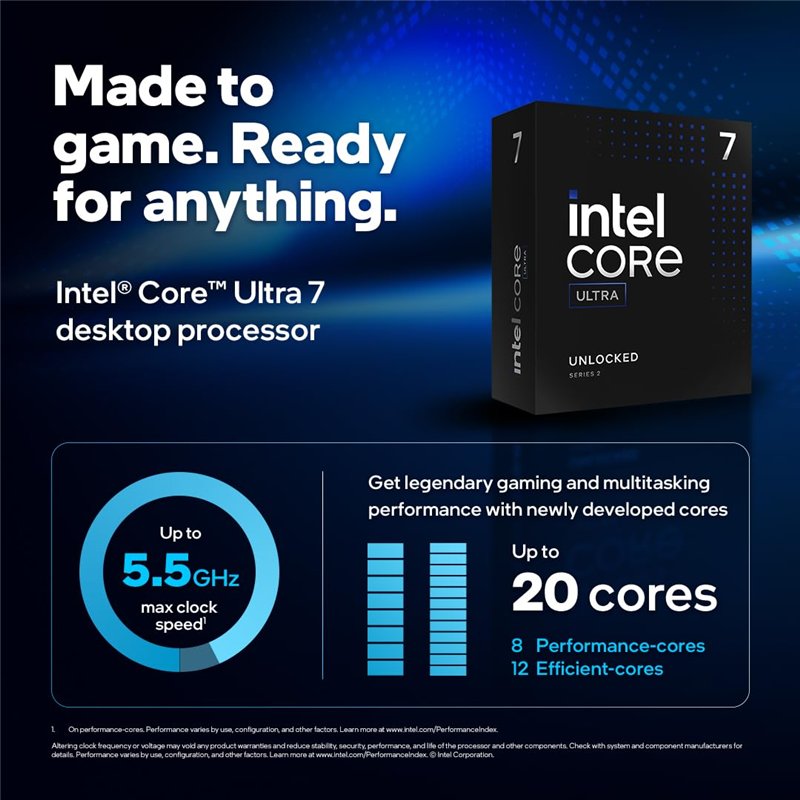 Image secondaire de Intel® Core™ Ultra 7 265KF processeur pour PC de Bureau 20 cœurs (8 P-Cores + 12 E-Cores) jusqu'à 5,5 GHz