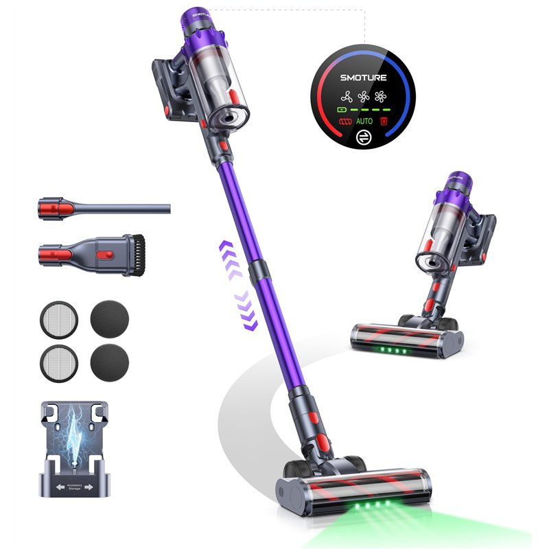 SMOTURE VAC02 550W Aspirateur Balai sans Fil, 45kPa/60min Aspirateur sans Fil Puissant, Rechargeable Support Mural Aspirateur ba
