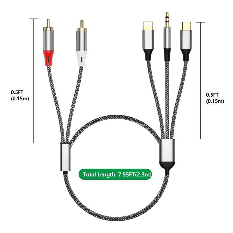 Image secondaire de Câble audio RCA 3 en 1, utilisé pour adaptateur de câble Lig-htning vers RCA, câble USB C vers 2 RCA, câble audio auxiliaire 3,5
