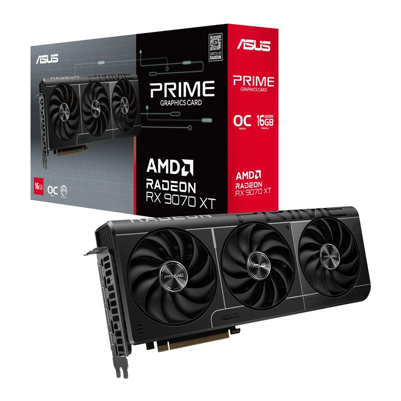 Asus Prime Radeon RX 9070 XT OC Edition – Carte Graphique (16GB GDDR6, PCIe 5.0, HDMI, DisplayPort 2.1, 2.5-Slot, Ventilateurs a
