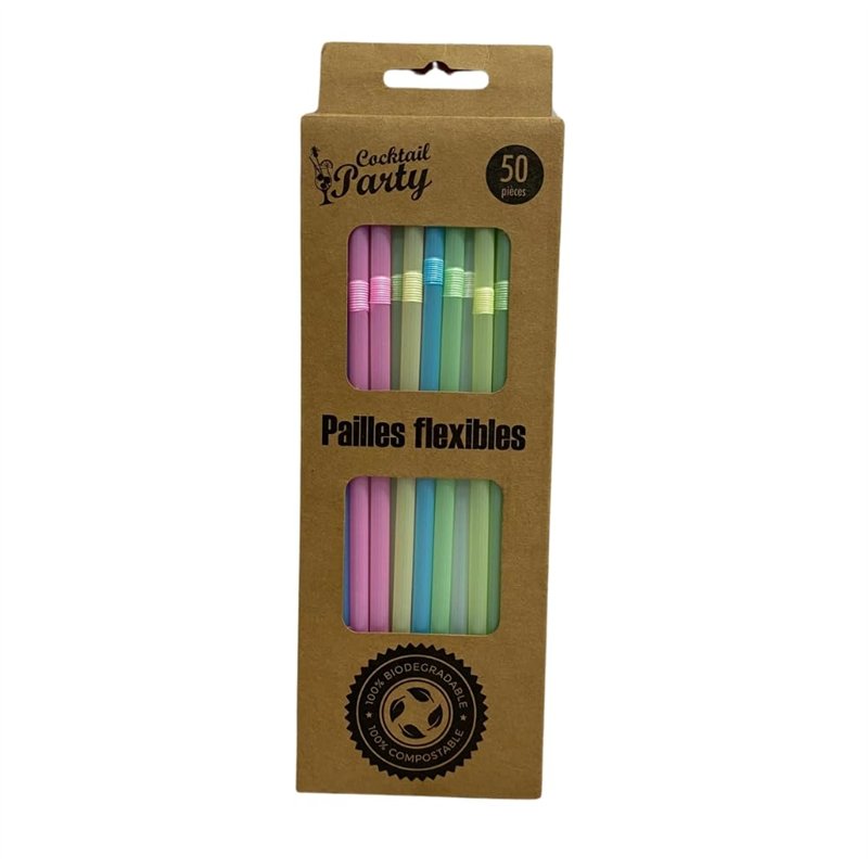 Lot de 50 Pailles Jetables Multicolores En Amidon De Maïs Compostables