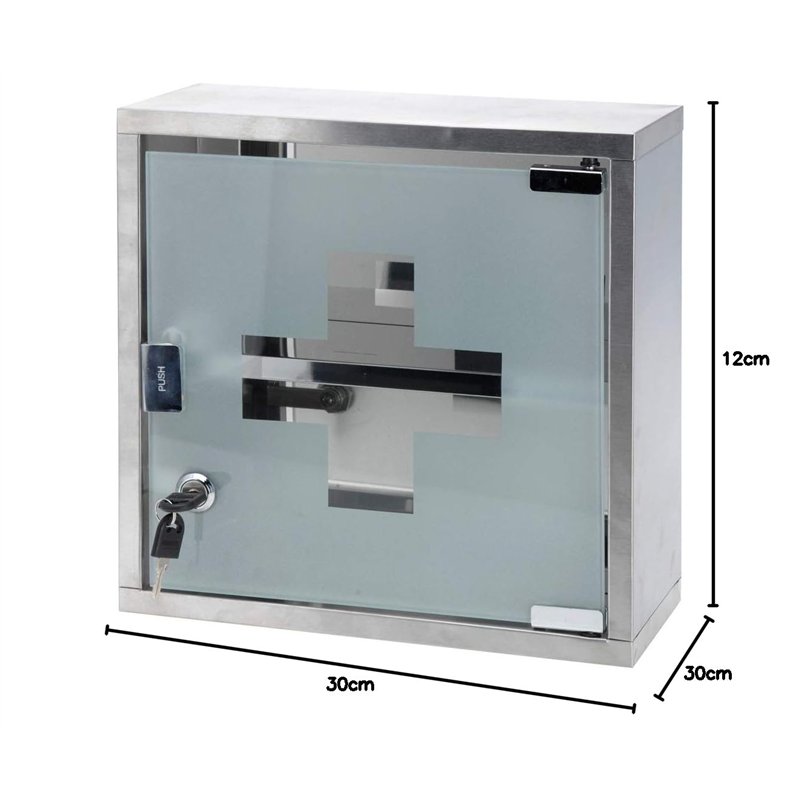 Image secondaire de Relaxdays Armoire à Pharmacie EMERGENCY Inox Porte en Verre Rangement H x l x P: 30 x 30 12 cm Remèdes Moderne Salle bain, gris