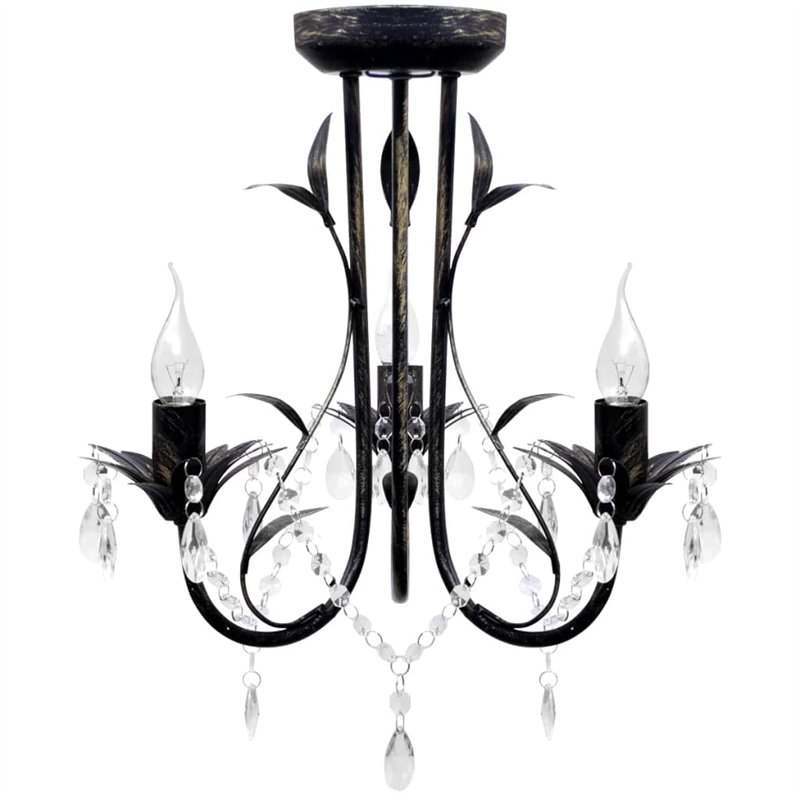 vidaXL Lustre Métal Noir Style Art Nouveau Perles Crystal 3 Ampoules E14 Lampe