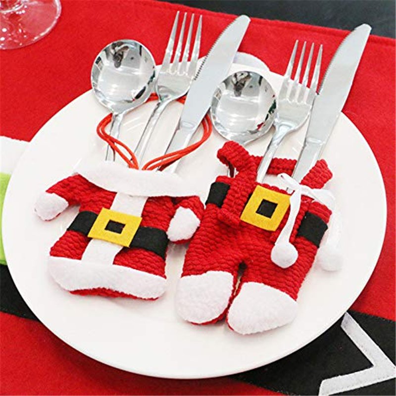 Image secondaire de SHOP-STORY - Lot de 6pcs Mignon Porte-Couverts Polyester Serviette Couteaux Fourchette Cuillère Forme de Costume Père Noël Poche