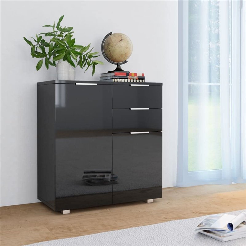 Image secondaire de vidaXL Buffet Commode Armoire de Rangement avec 2 Tiroirs et 2 Portes Chambre à Coucher Salon Salle de Séjour Maison Noir Brilla
