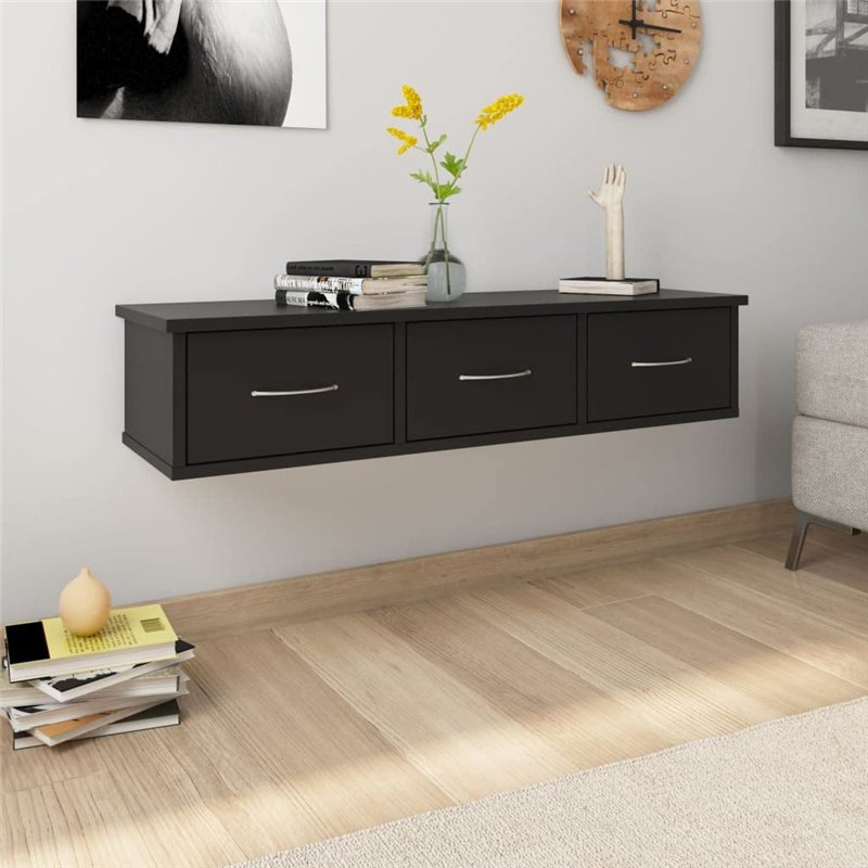 Image secondaire de vidaXL Étagère Murale avec tiroirs Noir 90x26x18,5 cm Aggloméré