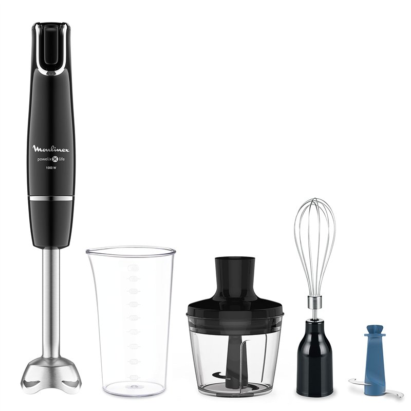 Moulinex Powelix Life DD9448 Mixeur plongeant 1000 W avec lames Powelix, jusqu'à 30% plus rapide, noir, capacité 500 ml, hachoir