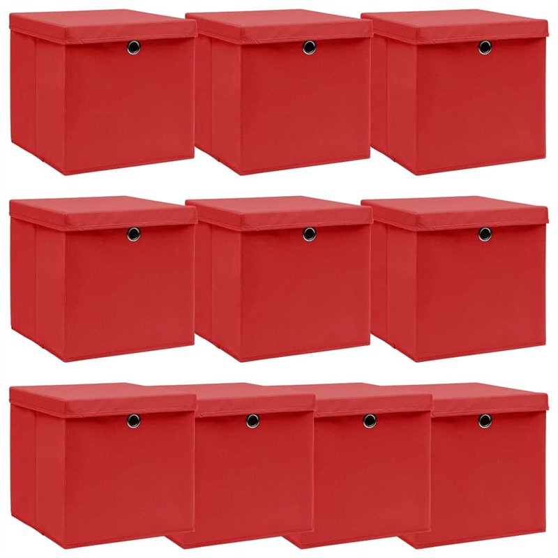 VidaXL Lot de 10 boîtes de rangement avec couvercle Tissu rouge 32 × 32 × 32 cm