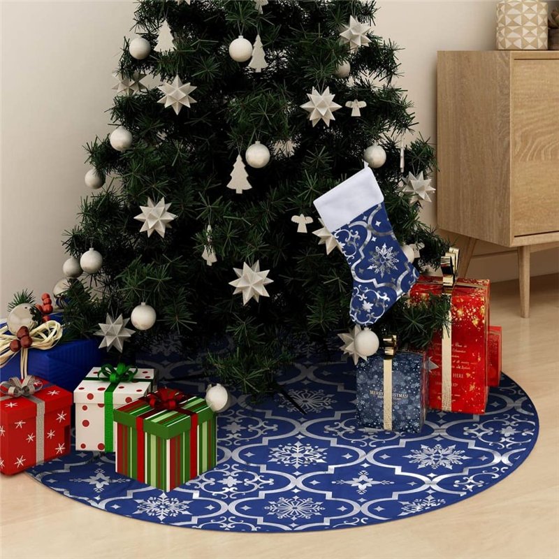 Image secondaire de vidaXL Tapis de Sapin de Noël de Luxe avec Chaussette - Décoration de Noël - Bleu - 122 cm