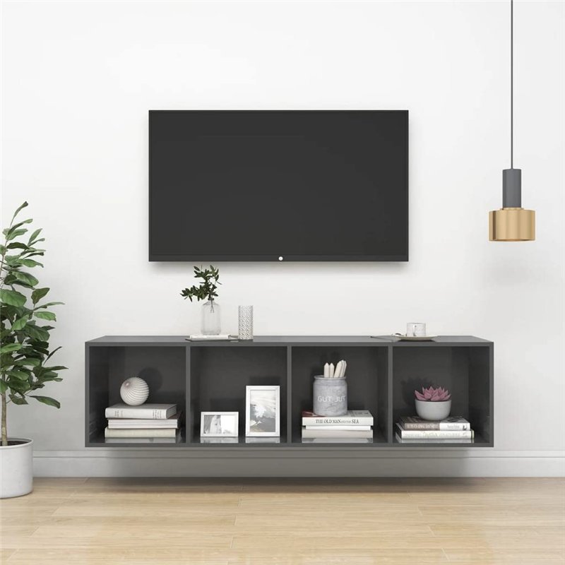 Image secondaire de vidaXL Meuble Mural pour TV aggloméré Gris Brillant 37 x 37 x 142,5 cm