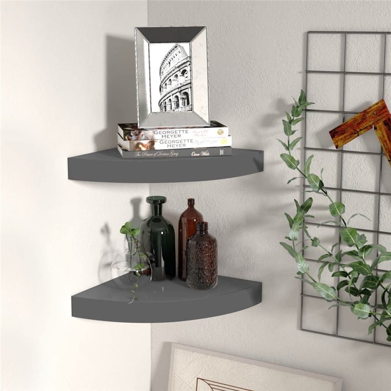 Image secondaire de VidaXL Étagères d'angle flottantes 2 pcs Gris brillant 25x25x3,8cm MDF