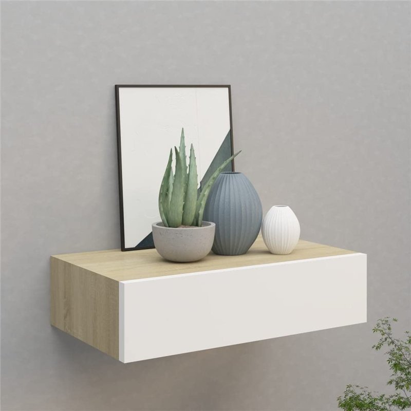 Image secondaire de vidaXL Etagère à Tiroir Murale Armoire Flottante Etagère Suspendue Support Mural Salon Salle de Séjour Maison Chêne et Blanc 40x