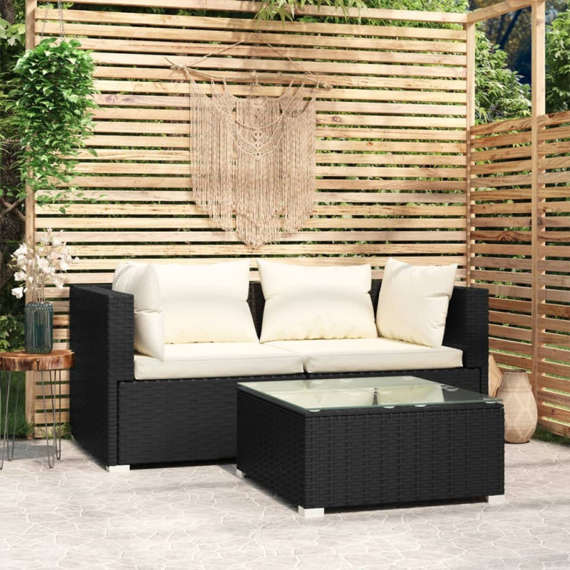 Image secondaire de Salon de jardin 3 pcs avec coussins Noir Résine tressée