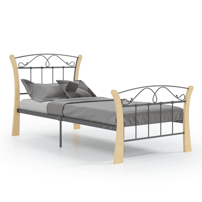 vidaXL Cadre de lit simple – Structure en métal noir durable avec bois de chêne massif 90 x 200 cm – Idéal pour la chambre à cou