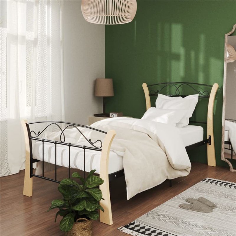 Image secondaire de vidaXL Cadre de lit simple – Structure en métal noir durable avec bois de chêne massif 90 x 200 cm – Idéal pour la chambre à cou