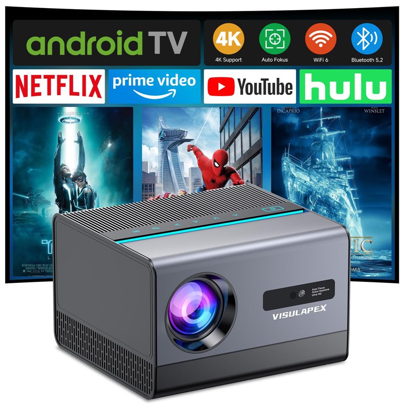 [App intégrée & Auto Focus] VISULAPEX Videoprojecteur 4K avec Android TV 12, WiFi 6 Bluetooth Retroprojecteur, 26000L 1080P Full