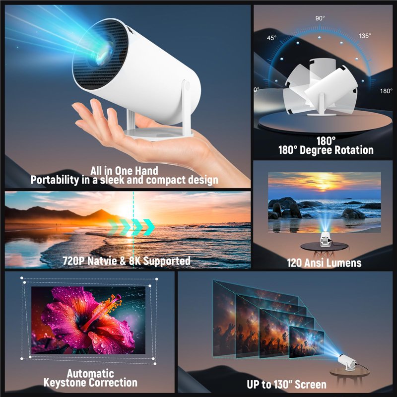 Image secondaire de Mini Projecteur Android 11, 4K Videoprojecteur avec 120 ANSI Lumens, Rotation 180° et Auto Keystone, Projecteur Home Cinéma Comp