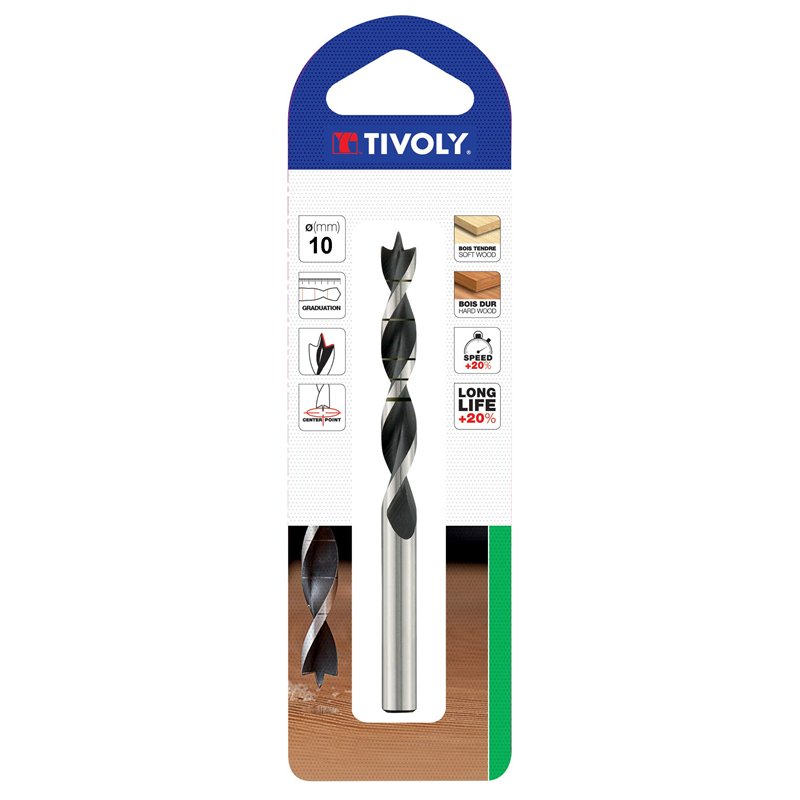 TIVOLY 10863820600 - Broca madera 3 puntas EXTRA de 6 mm largo 93 mm profundidad de corte 57 mm con mango cilíndrico (Envase de