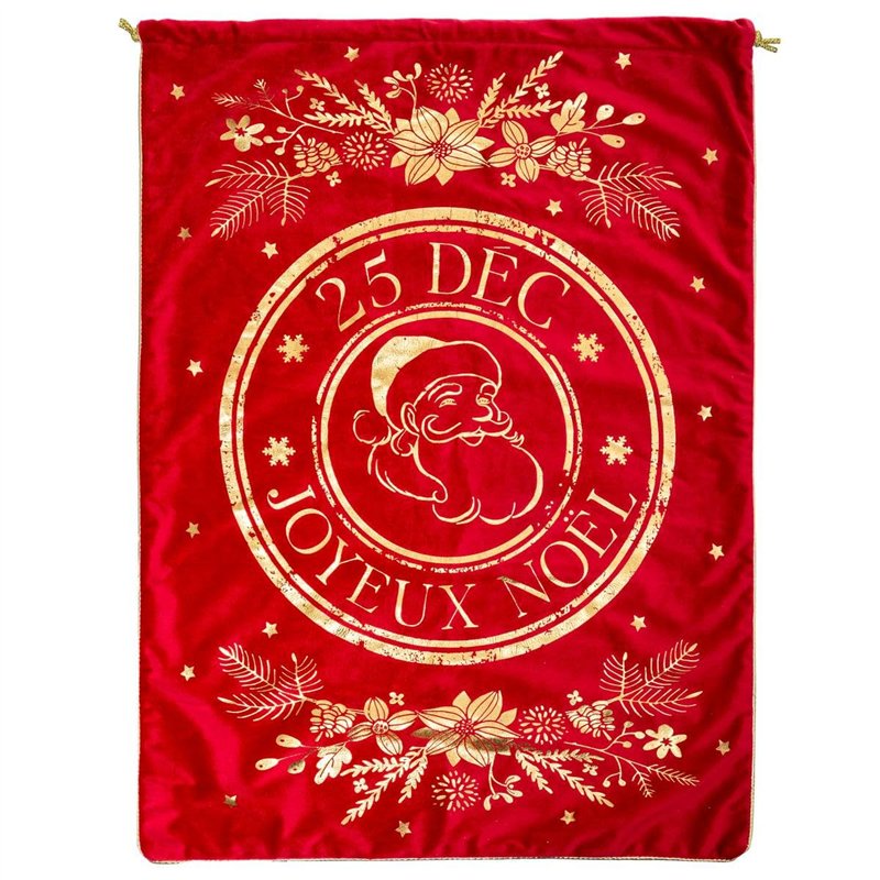 FEERIC CHRISTMAS - Grande Hotte de Noël en Velours Rouge & Impression Père Noël dorée 50 x 70 cm
