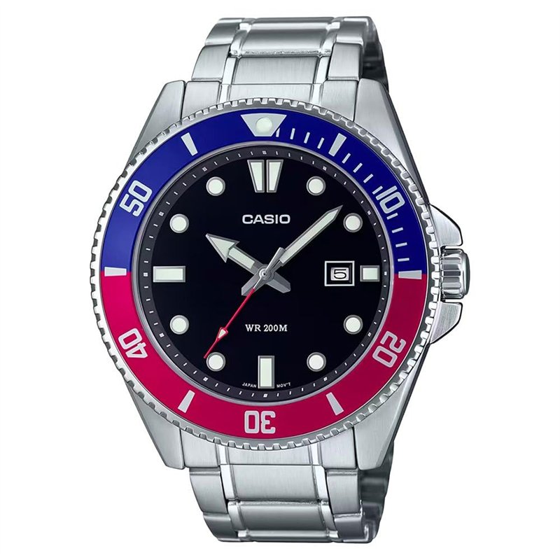 Casio MDV107D-1A3V Montre de plongée pour homme en acier inoxydable 200 m Rouge/bleu Cadran noir 3 aiguilles, noir, Sports