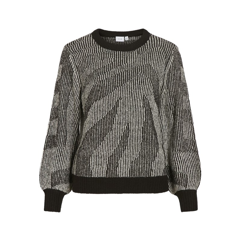 Vila O-Neck Knit Top/BF Vipinna L/S Haut en Tricot Jacquard à col Rond, Noir, L Femme