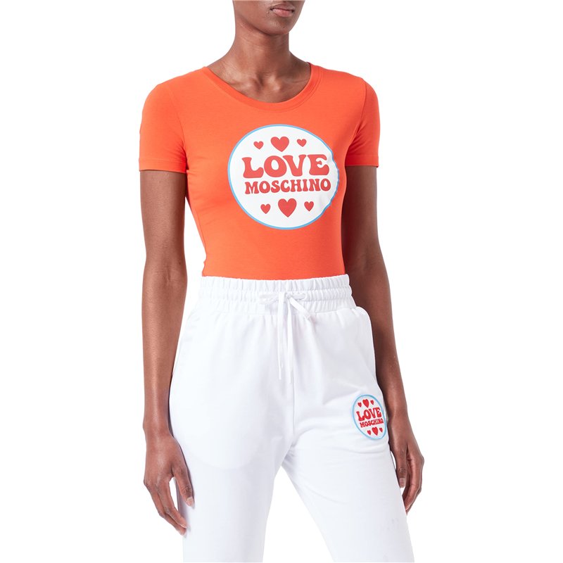 Love Moschino Stretch Cotton Jersey with Logo Patch Print T-Shirt, Orange, 46 Femme