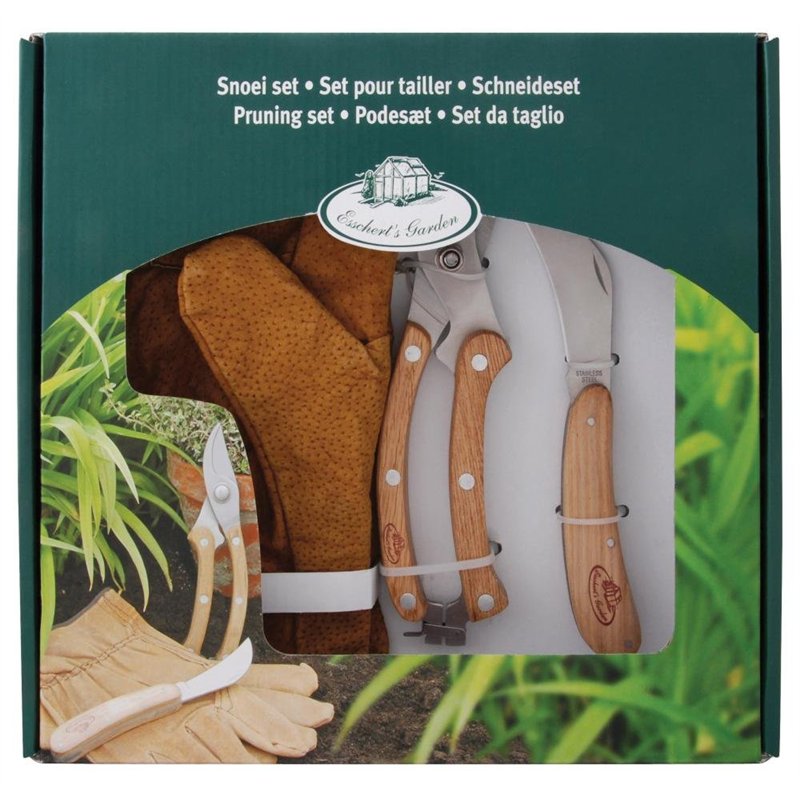 Esschert Design Set de Coupe Jardinage 3 pièces avec Gants en Cuir, Couteau de Jardinage et sécateur