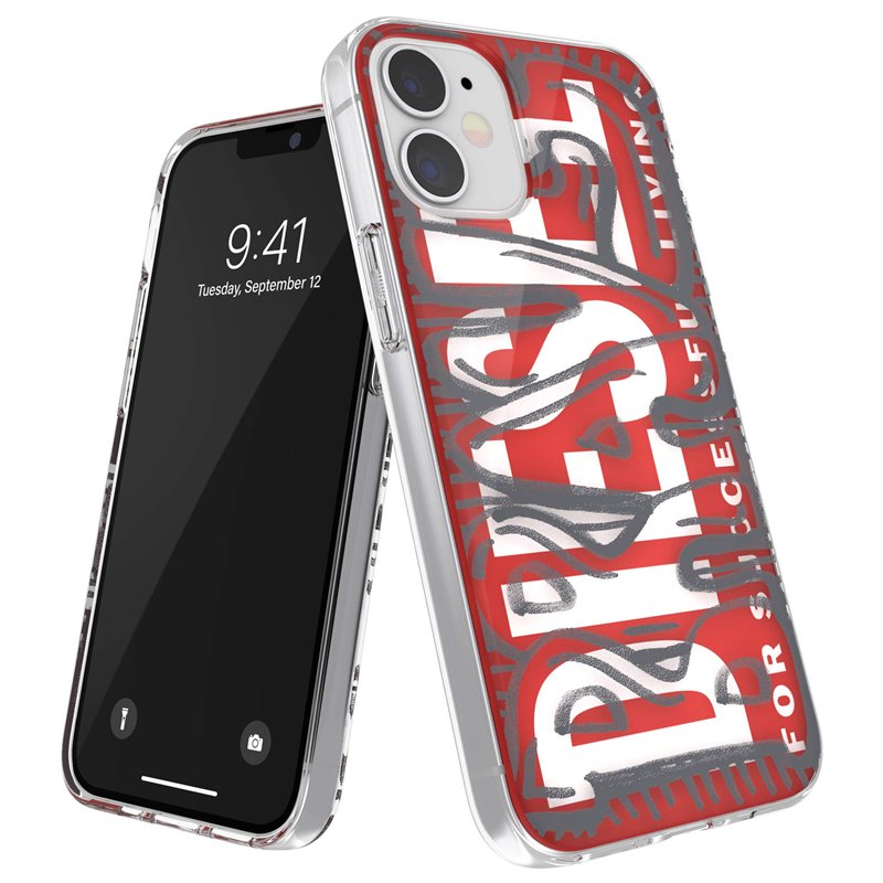 DIESEL Coque de Protection conçue pour iPhone 12 Mini 5.4 - Transparente - Anti-Chocs - avec Bords arrondis - Rouge/Gris
