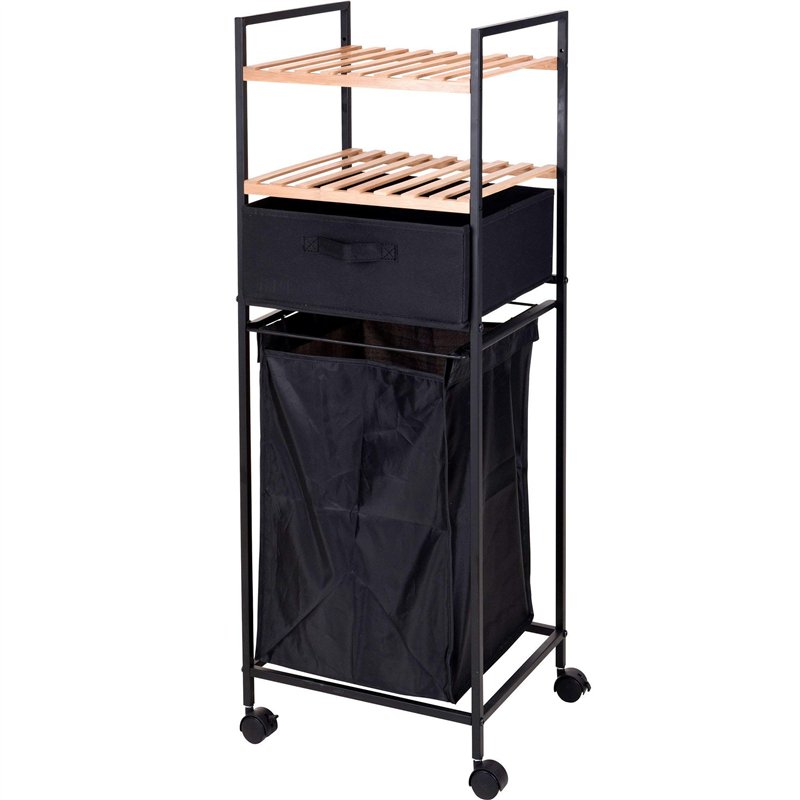Home @ Styling Collection Chariot de Salle de Bain avec étagères et Sac à Linge, 2en1, Bambou