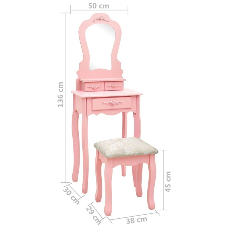 Image secondaire de Tavolo da Trucco con Sgabello Rosa 50x59x136 cm Legno Paulownia