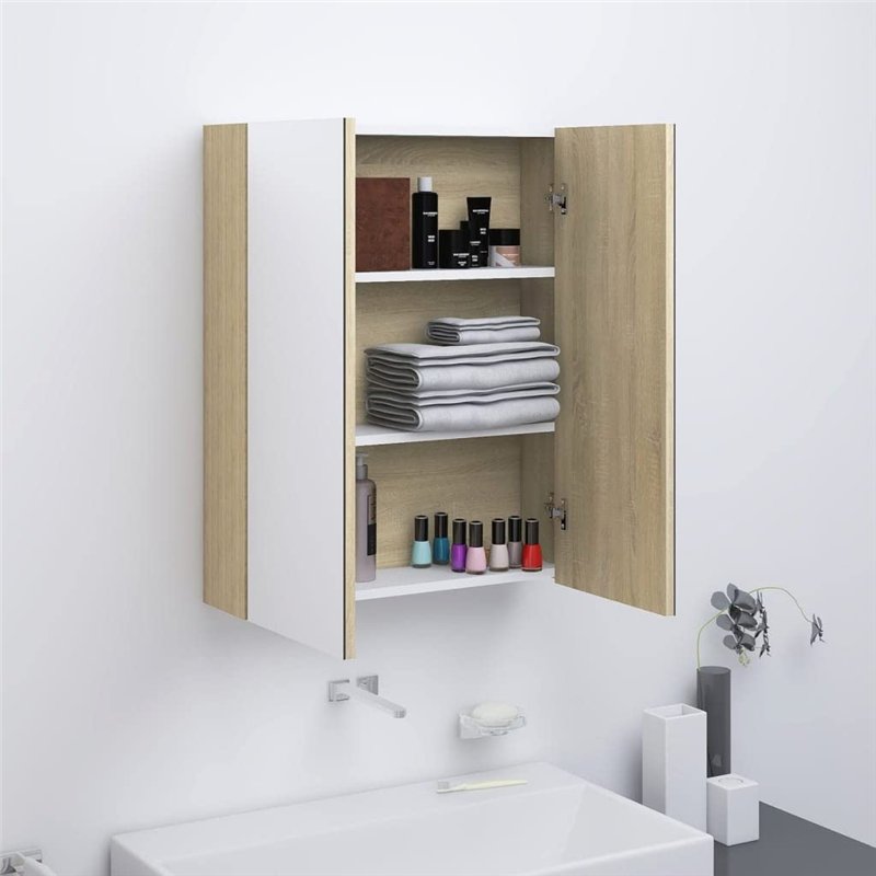 Image secondaire de vidaXL Armadietto a Specchio per Bagno 60x15x75 cm MDF Bianco e Rovere