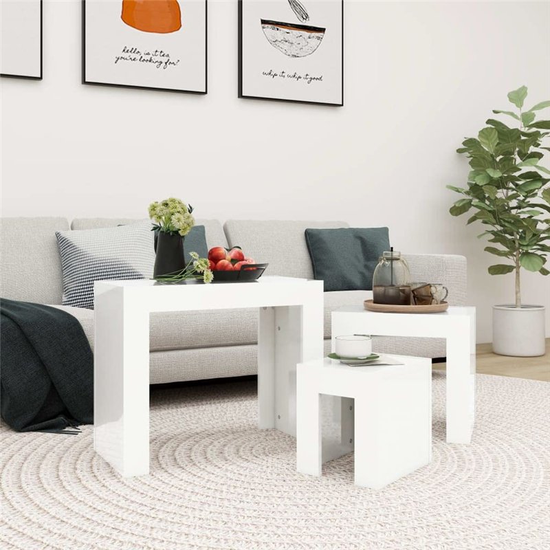 Image secondaire de VidaXL Tables basses gigognes 3 pcs Blanc brillant Aggloméré