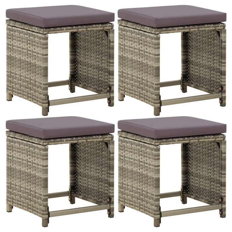 Bussandri Exclusive Lot de 4 tabourets de jardin avec coussins en polyrotin Gris