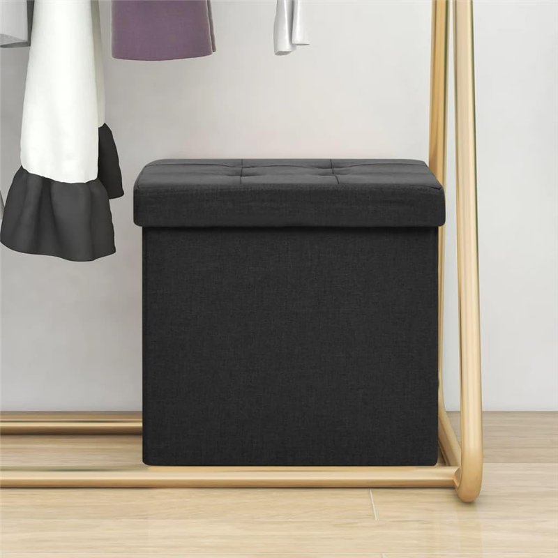 Image secondaire de Tabouret de rangement pliable Noir Faux lin