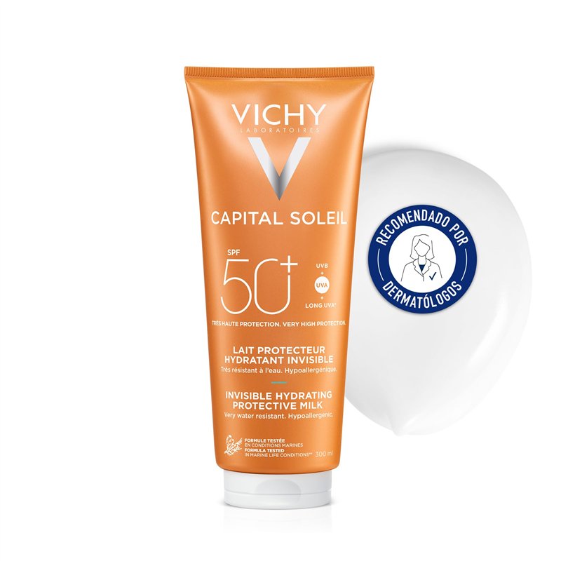 Vichy, Capital Soleil, Lait Solaire Hydratant SPF50+, Visage et Corps, Résiste à l'Eau, Protection Très Large Spectre UVA et UVB
