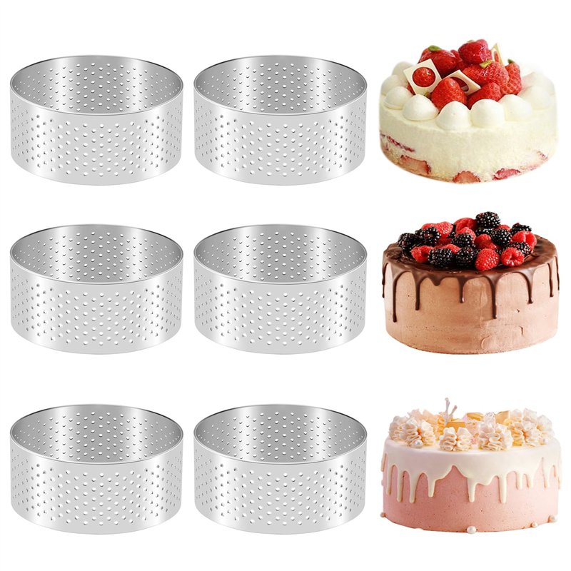 Juuewrryg Lot de 6 Anneaux à Gâteau Perforés Ronds pour la Cuisson, Anneau à Gâteau en Acier Inoxydable avec Trous, Moule à Gâte