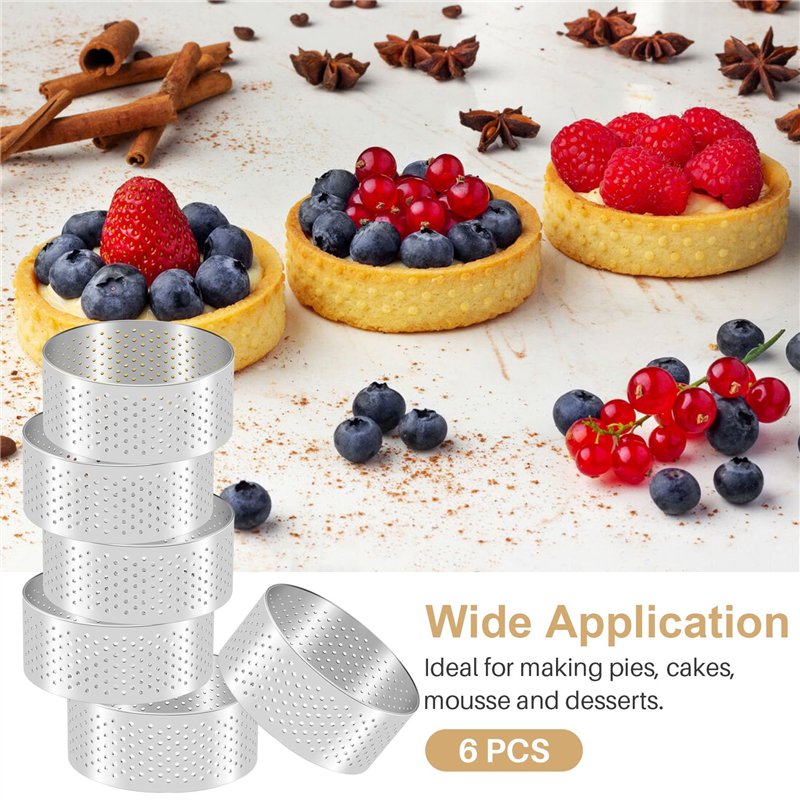 Image secondaire de Juuewrryg Lot de 6 Anneaux à Gâteau Perforés Ronds pour la Cuisson, Anneau à Gâteau en Acier Inoxydable avec Trous, Moule à Gâte