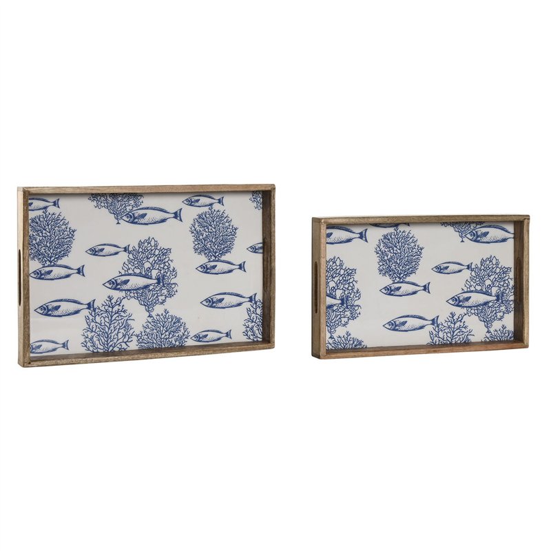 Jeux de plateaux Home ESPRIT Bleu Blanc Naturel Bois de manguier 43,5 x 27 x 5,5 cm (2 Unités)