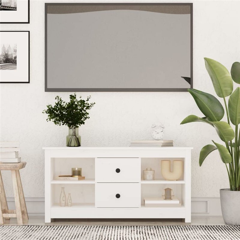 Image secondaire de Meuble TV Blanc 103x36,5x52 cm Bois de pin massif