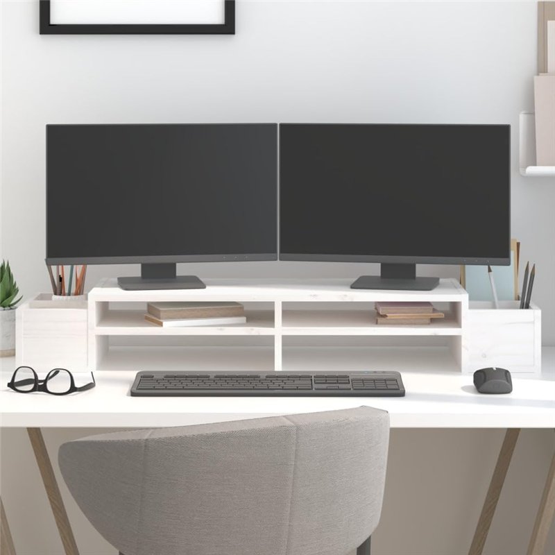 Image secondaire de vidaXL Support de moniteur en pin massif Blanc 100 x 27,5 x 15 cm