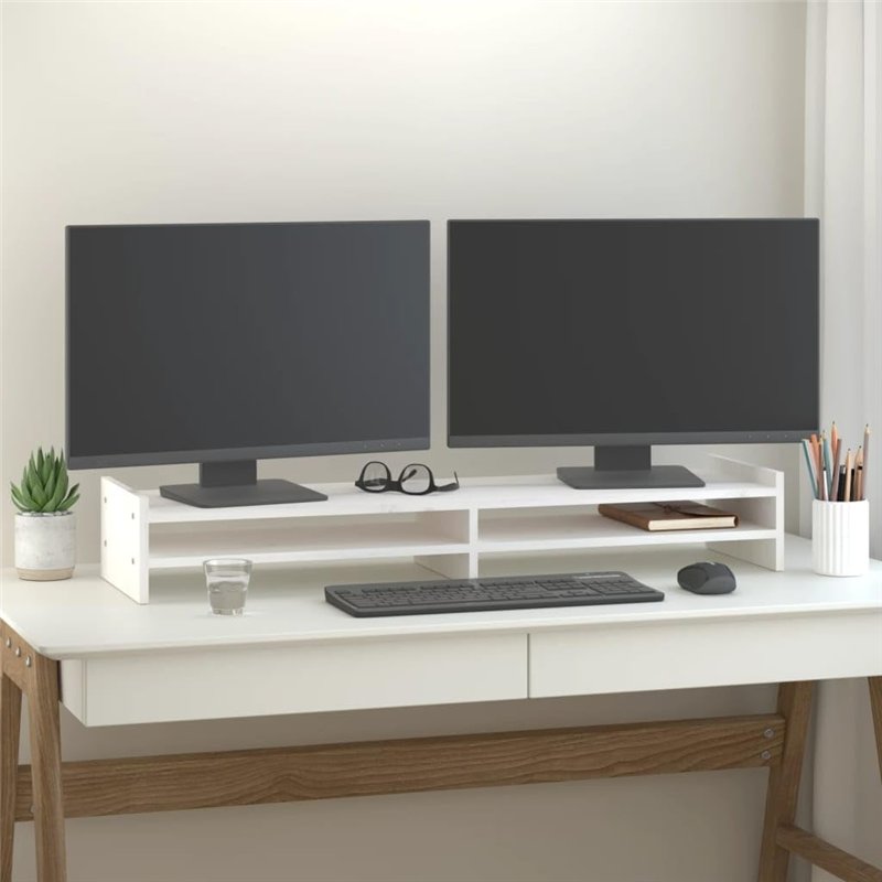 Image secondaire de vidaXL Support moniteur en bois de pin massif Blanc 100 x 27 x 15 cm