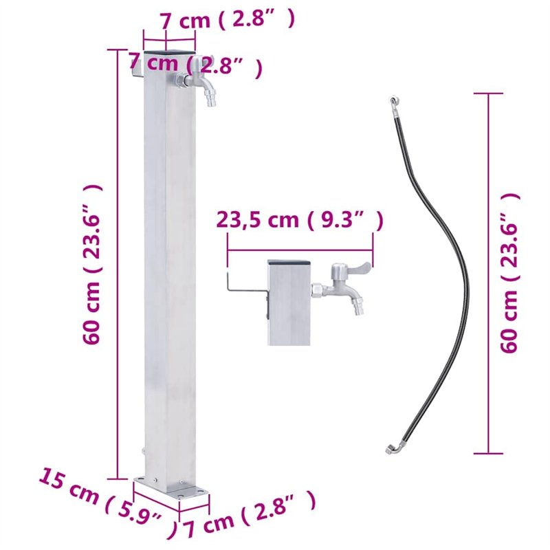 Image secondaire de vidaXL Colonne à Eau de Jardin 60 cm Acier Inoxydable carré, Robinet de Jardin, Robinet sur Pied, Colonne de Robinet de Jardin