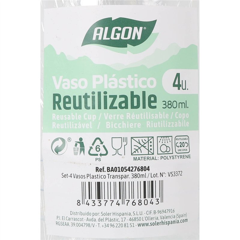 Image secondaire de Set de Verres Algon Plastique 380 ml 4 Pièces (24 Unités)