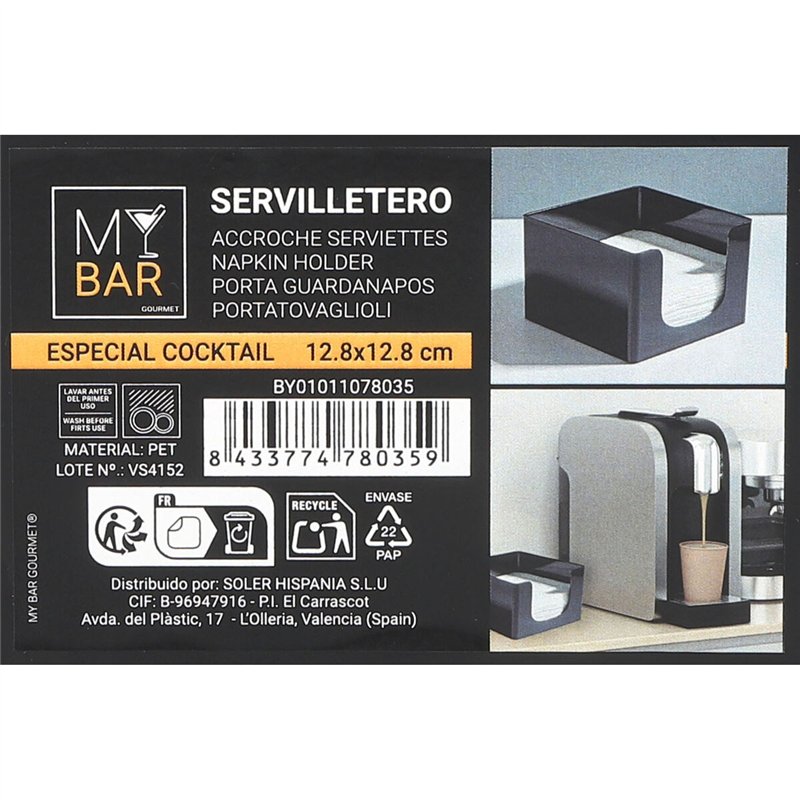 Image secondaire de Porte-serviettes My Bar COCKTAIL Noir Plastique 12,8 x 12,8 x 8,8 cm (24 Unités)