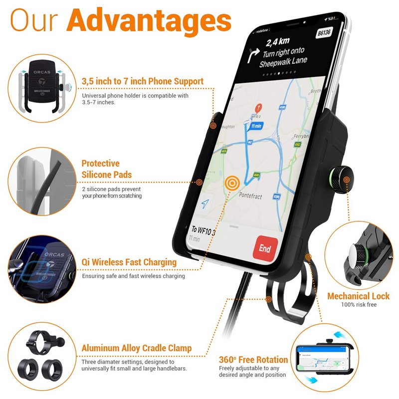 Image secondaire de ORCAS TECHNOLOGY Support de téléphone sans Fil pour Moto – Pince de Fixation pour Guidon ou rétroviseur, vélo électrique, Scoote