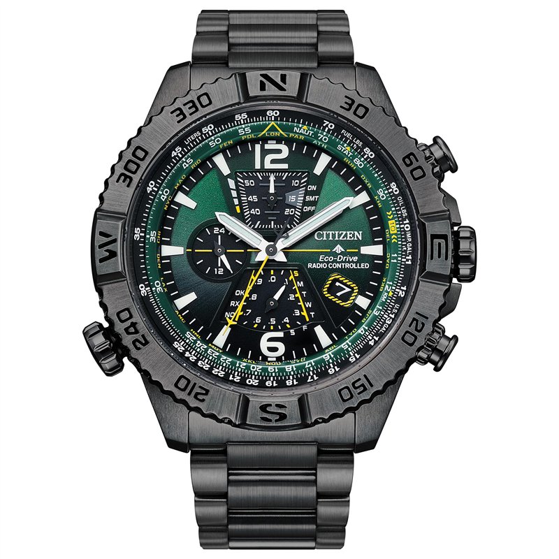 Citizen Eco-Drive Promaster Navihawk A-T Montre pour homme, cadran vert, bracelet en acier inoxydable gris, chronométrage atomique
